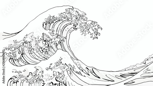 Powerful crashing sea wave in traditional line art style