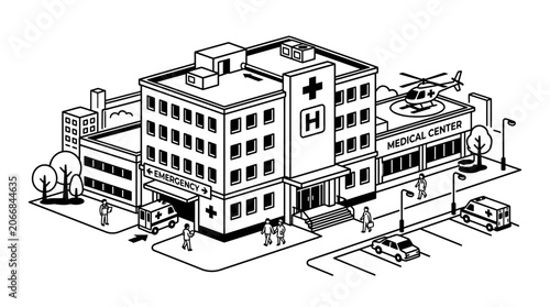 Hospital Building Isometric Vector Illustration with Ambulance, Helicopter, and Cars