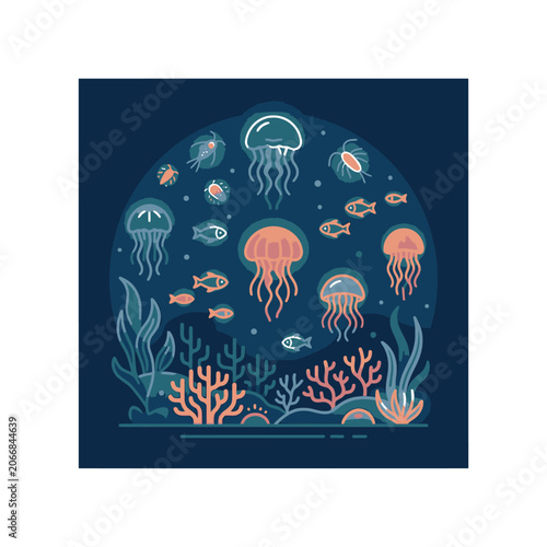 Underwater scene with glowing jellyfish and coral reef.