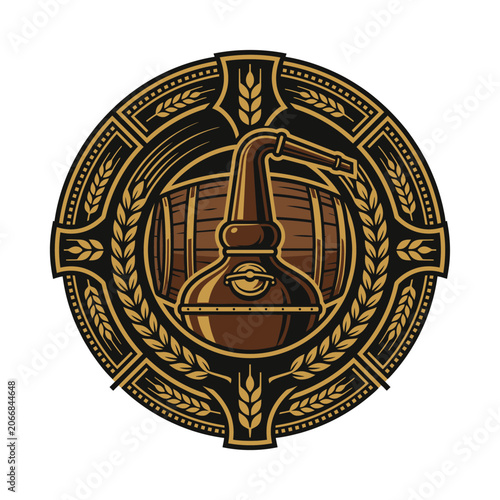 Distillery emblem with whiskey barrel and still.