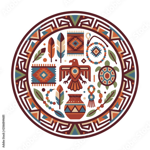 Native American cultural icons in decorative circular frame.