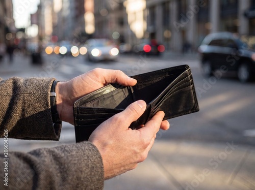 Male hands holding open an empty black leather wallet while on the street, the man has no money