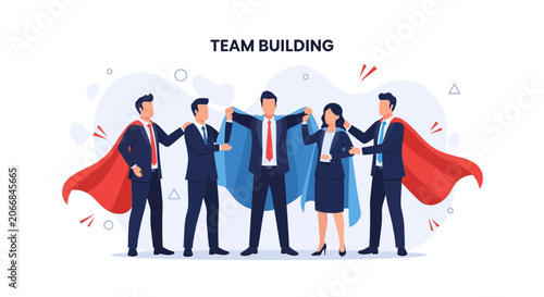 Team Building Superhero Concept: Business People in Suits with Red and Blue Capes Celebrating Unity and Success