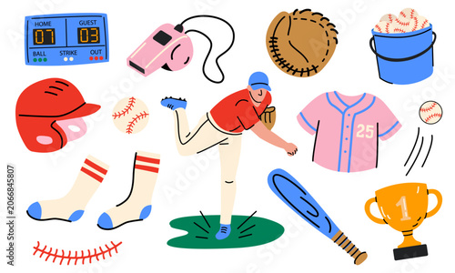 A vector set of baseball elements in a doodle style. A bat, catcher's helmet, and glove, a dynamic pitcher's throwing pose, a gold trophy, a red baseball seam, and a scoreboard.
