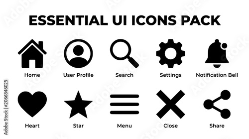 Essential UI icons pack featuring black vector graphics for website navigation mobile application development and modern digital interface design projects