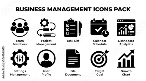 Business management icons vector set featuring black flat symbols for corporate strategy planning analytics growth tasks and leadership operations