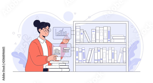 Woman Analyzing Data Charts with Bookshelf in Modern Flat Illustration Style
