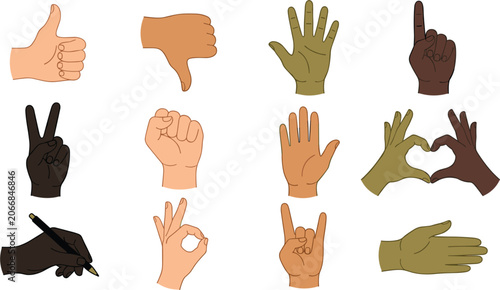 Diverse Human Hand Gestures Vector Icon Set Featuring Thumbs Up, Thumbs Down, Peace Sign, Fist, Heart Shape, Rock On, and Writing Actions