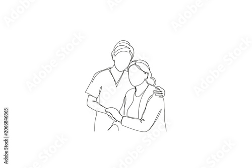 Line drawing of couple embracing minimalist style on white background