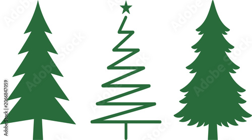 Green Christmas Tree Silhouette Set with Minimalist Fir and Pine Vector Icons for Winter Holiday Designs, Greeting Cards, and Festive Patterns