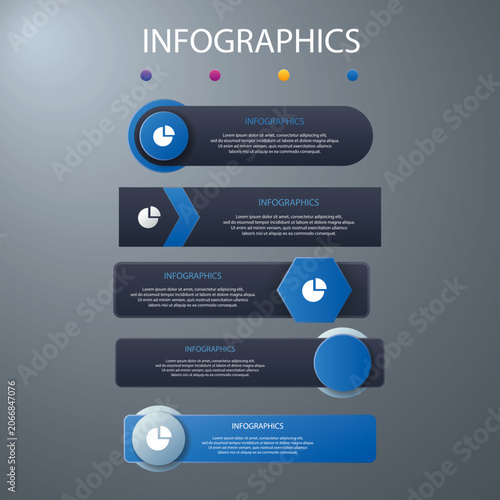 Modern infographic template with five numbered sections featuring blue geometric shapes and placeholder text blocks