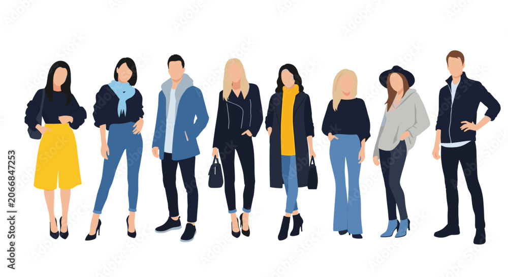 Obraz premium Group of eight fashionable men and women wearing trendy autumn and winter clothes, presented in a stylized flat vector design.