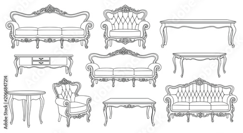 Collection of classical baroque and rococo furniture line drawings, including ornate sofas, armchairs, and tables.