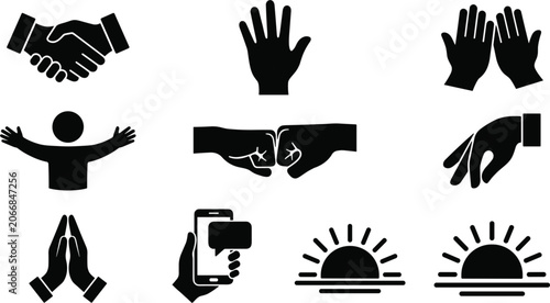 Hand Gesture and Communication Silhouette Icon Set Featuring Handshake Fist Bump Praying Hands and Smartphone for UI App Graphic Designs