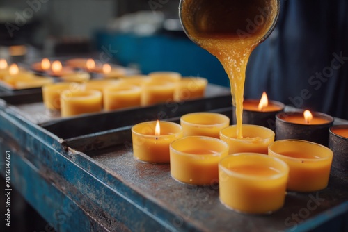 Wax is poured into molds to create candles in a workshop during the day while flames flicker in the background