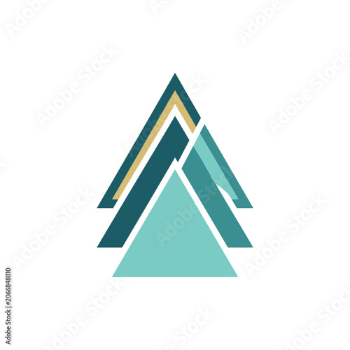 Overlapping stacked blue and teal geometric triangles.