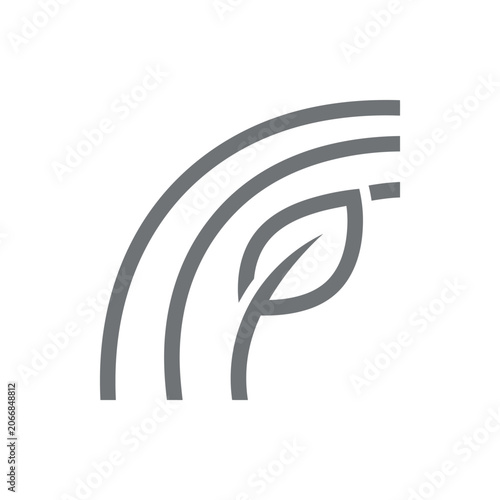 Minimalist grey curved lines with leaf symbol.
