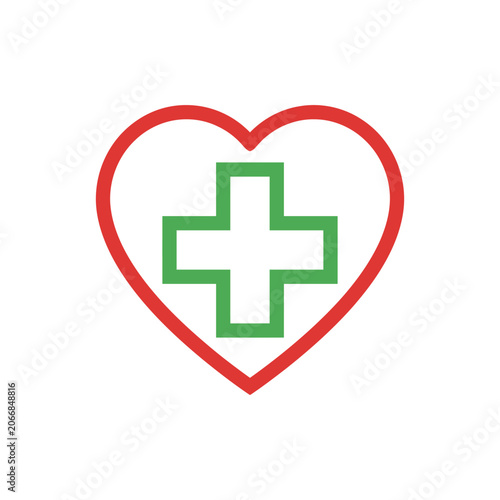 Red heart icon containing green pharmacy cross.