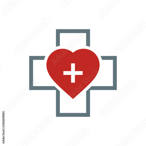 Medical cross icon with red heart and white plus.