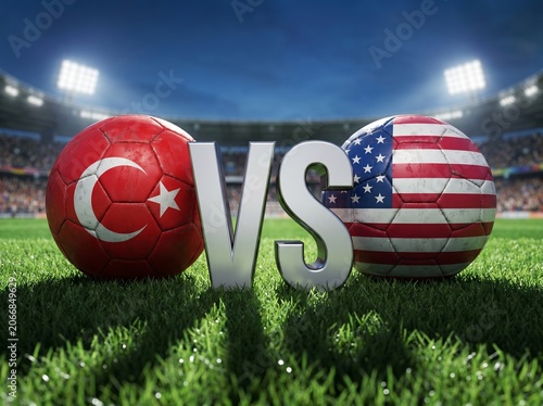 Turkey vs USA Soccer Match: National Teams Football Competition with Flag Balls on Stadium Field