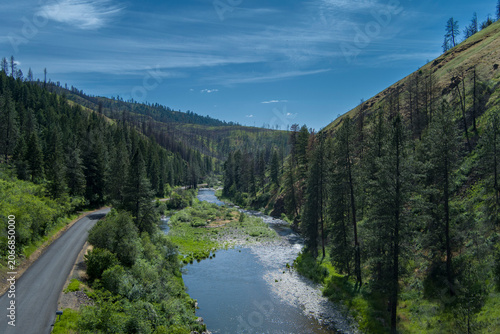 drone photo of the Potlatch River near Kendrick and Juliaetta ID