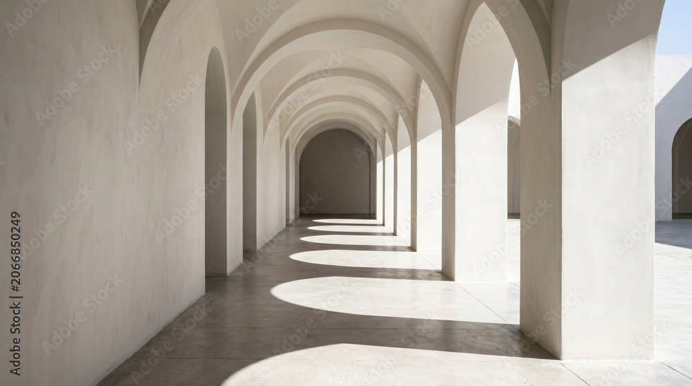 Fototapeta premium Minimal Stucco Arch Corridor In Harsh Summer Editorial Light