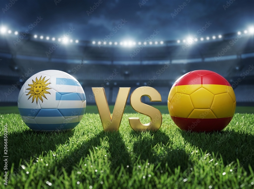 Fototapeta premium Uruguay vs Spain Football Match Concept: National Teams Soccer Balls with Flags on a Stadium Field at Night
