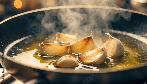 Garlic cloves sizzling in olive oil in a pan golden brown edges steam rising warm kitchen light