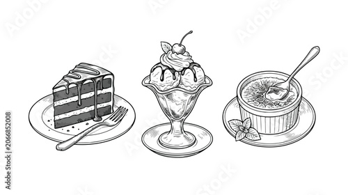 Photos Dessert Set Vector Illustration with Cake Slice, Ice Cream Sundae, and Creme Bru