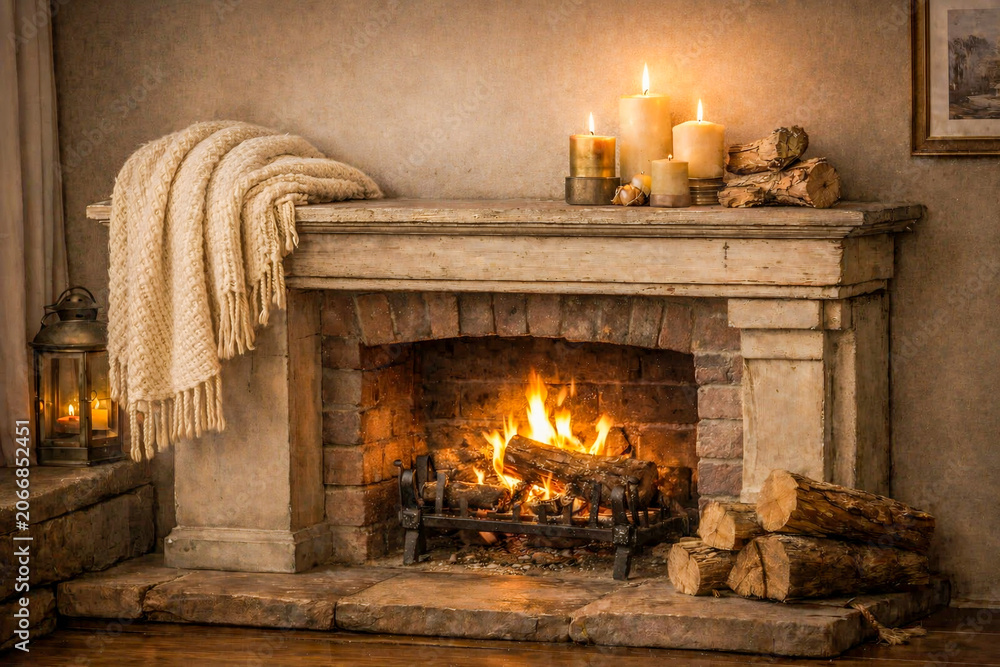 Fototapeta premium Warm Cozy Fireplace Interior with Candlelit Ambience