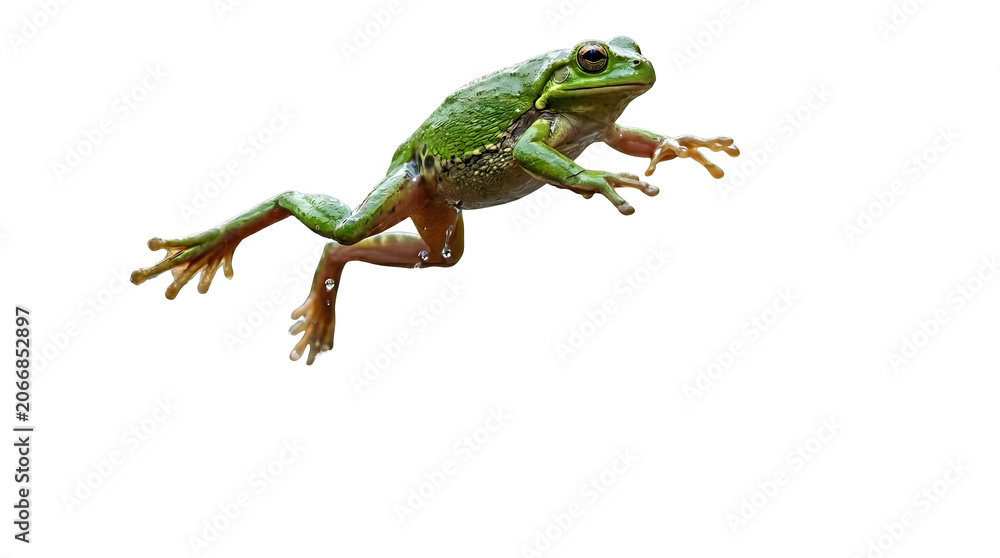 Fototapeta premium Flying Green Tree Frog Isolated on White Background