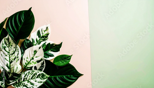 Green and white leaves on pastel background