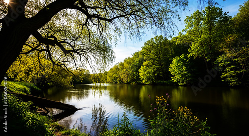 Peaceful green nature landscape, view from under willow tree shade at riverside with sunlight