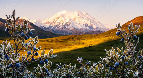 Frosty Wild Blueberries with Mount Denali Alaskan Landscape
