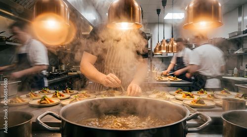 Professional restaurant kitchen, chef plates, dishes beneath glowing heat lamps amid rising steam in a busy professional restaurant kitchen during dinner service