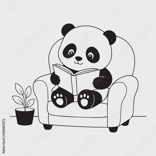 Cute Panda Reading Book on Sofa Animal Coloring Page for Kids Black and White Vector Illustration
