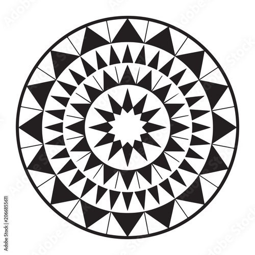 Circular geometric mandala pattern with repeating triangular shapes and radial symmetry isolated on white background for textile and graphic design projects