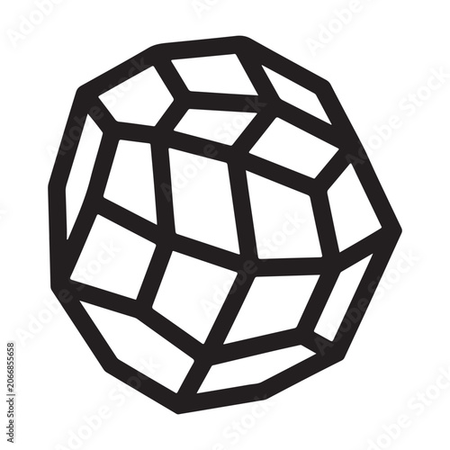 A minimalist abstract vector illustration of a geometric lowpoly crystal shape with bold black outlines isolated on a white background