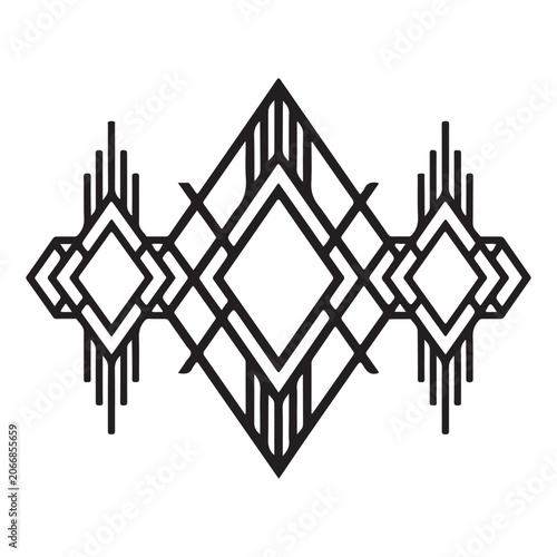 Artdecogeometricornamentwithsymmetricaldiamondshapesandlinearpatternsisolatedonacleanwhitebackgroundforvintagegraphicdesignprojects