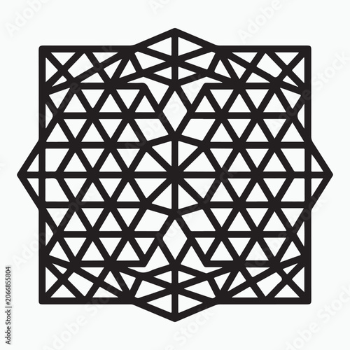 Abstract geometric star shape composed of intersecting triangles and lines creating a complex grid pattern on a clean white background