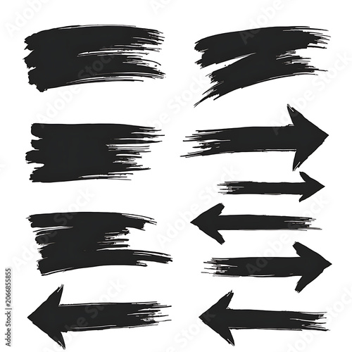 Black Brush Stroke Arrows and Shapes Isolated on White Background