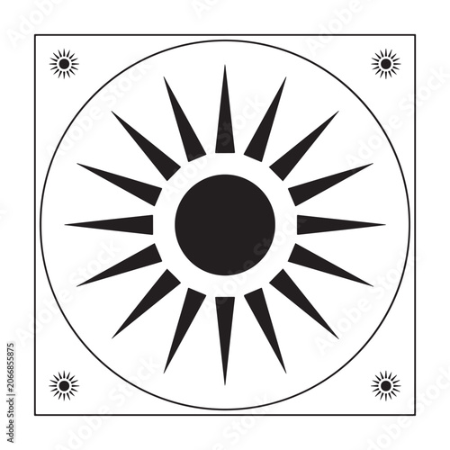 Minimalist vector illustration of a central sun icon with radiating sharp rays inside a square frame and small corner suns