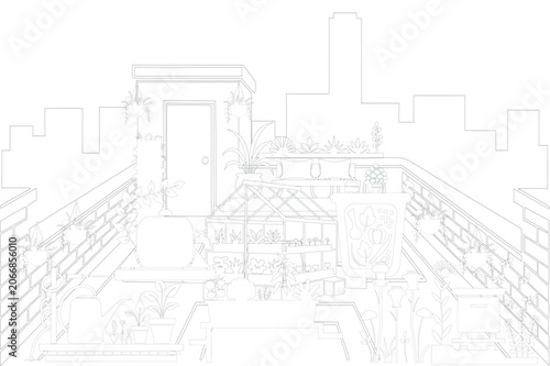 City Rooftop Terrace Garden Scene Coloring Book Page