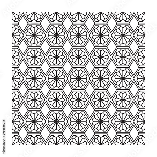 Seamless pattern featuring japanese traditional hexagon and flower motifs with elegant black lines isolated on a clean white background design