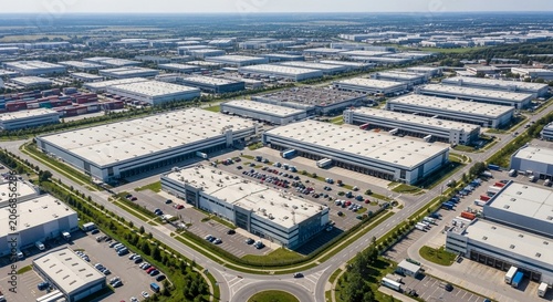 Sprawling industrial logistics complex with numerous warehouses and distribution centers under a clear blue sky.