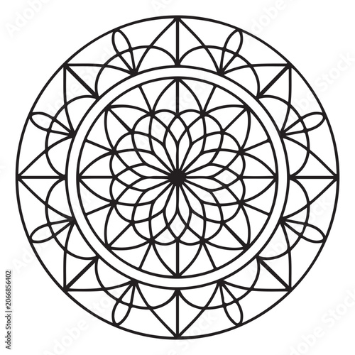A circular mandala pattern with intricate geometric symmetrical lines isolated on a white background for coloring books or spiritual design projects