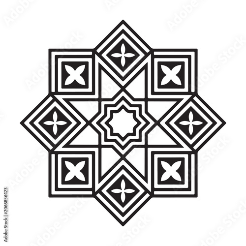 A symmetrical geometric star pattern with intricate islamic style floral motifs and decorative squares isolated on a plain white background