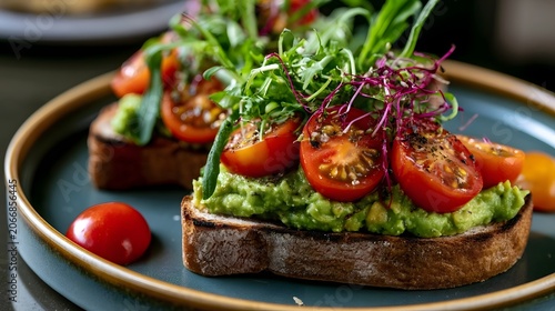 Modern avocado toast served on a ceramic plate highlighting fresh and healthy breakfast ingredients