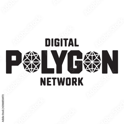 Digital polygon network text logo design featuring geometric sphere shapes integrated into bold lettering for modern technology and communication business branding