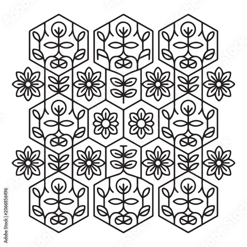 Seamless pattern featuring minimalist floral and geometric hexagonal shapes with elegant botanical line art elements for fabric textile and stationery design